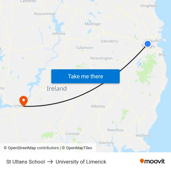St Ultans School to University of Limerick map