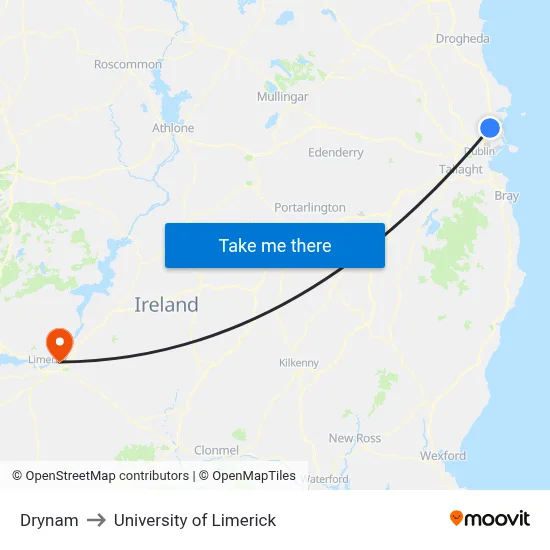 Drynam to University of Limerick map