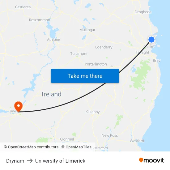 Drynam to University of Limerick map
