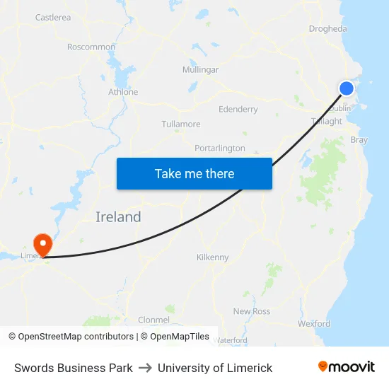 Swords Business Park to University of Limerick map