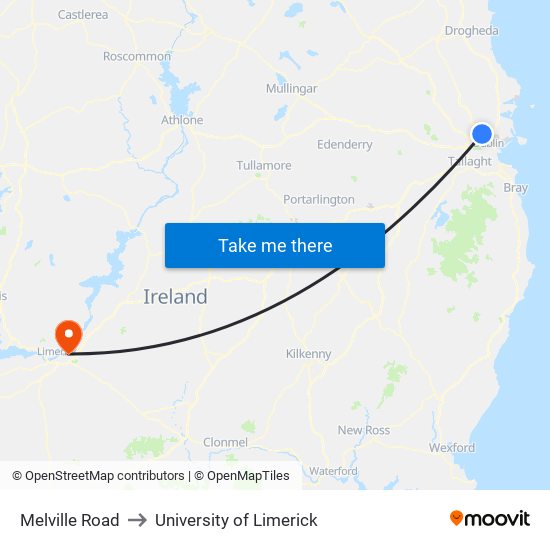 Melville Road to University of Limerick map