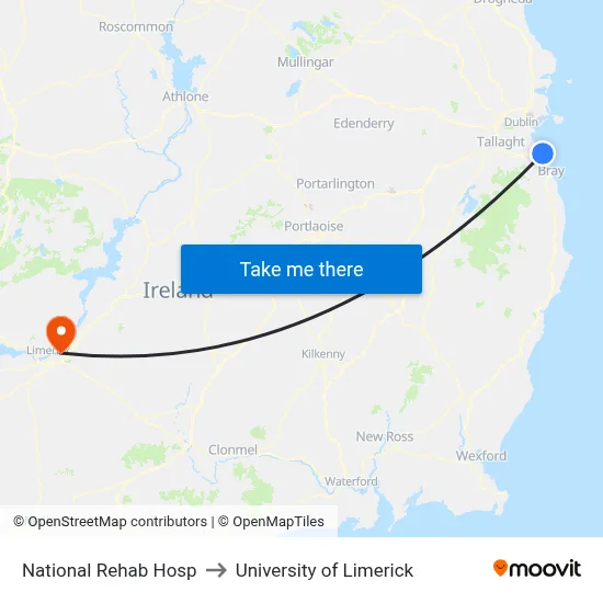 National Rehab Hosp to University of Limerick map