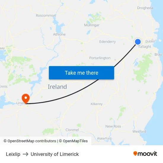 Leixlip to University of Limerick map