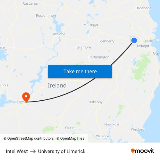 Intel West to University of Limerick map