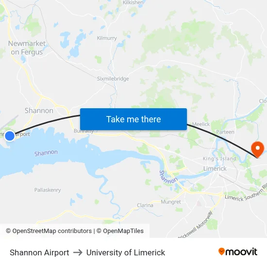 Shannon Airport to University of Limerick map