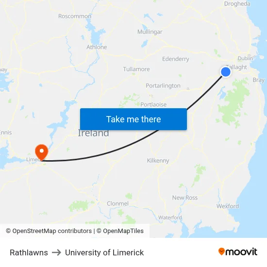 Rathlawns to University of Limerick map
