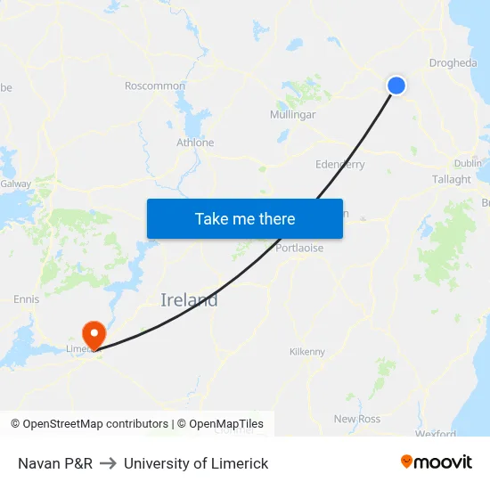 Navan P&R to University of Limerick map