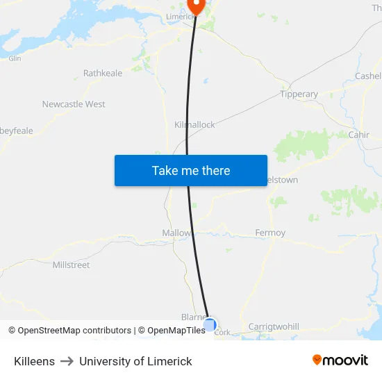 Killeens to University of Limerick map