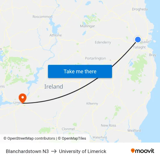 Blanchardstown N3 to University of Limerick map