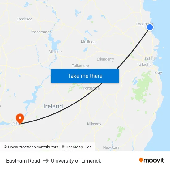 Eastham Road to University of Limerick map