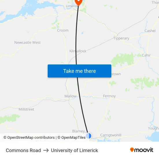 Commons Road to University of Limerick map