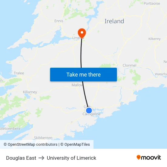 Douglas East to University of Limerick map