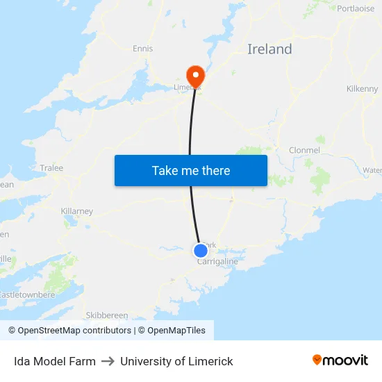 Ida Model Farm to University of Limerick map
