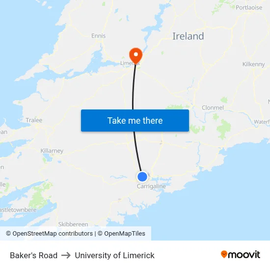Baker's Road to University of Limerick map