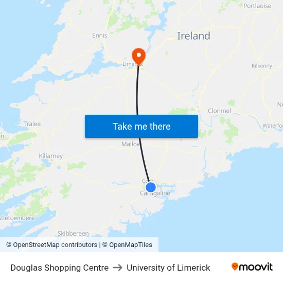 Douglas Shopping Centre to University of Limerick map