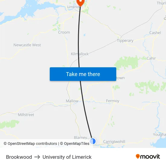 Brookwood to University of Limerick map