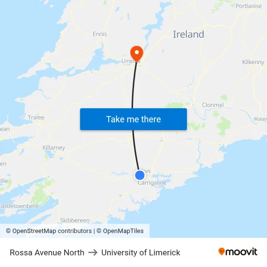 Rossa Avenue North to University of Limerick map
