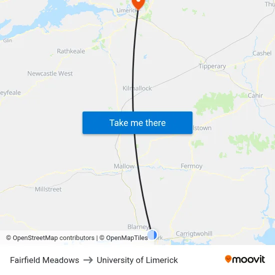 Fairfield Meadows to University of Limerick map