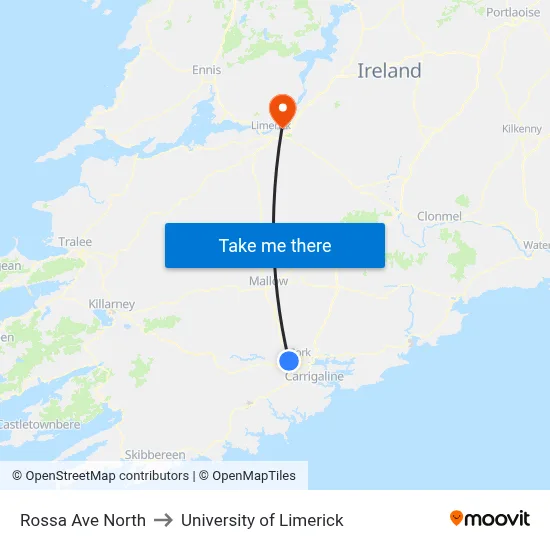 Rossa Ave North to University of Limerick map