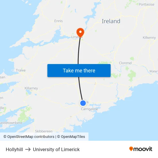 Hollyhill to University of Limerick map