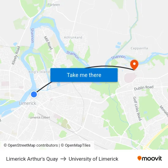 Limerick Arthur's Quay to University of Limerick map