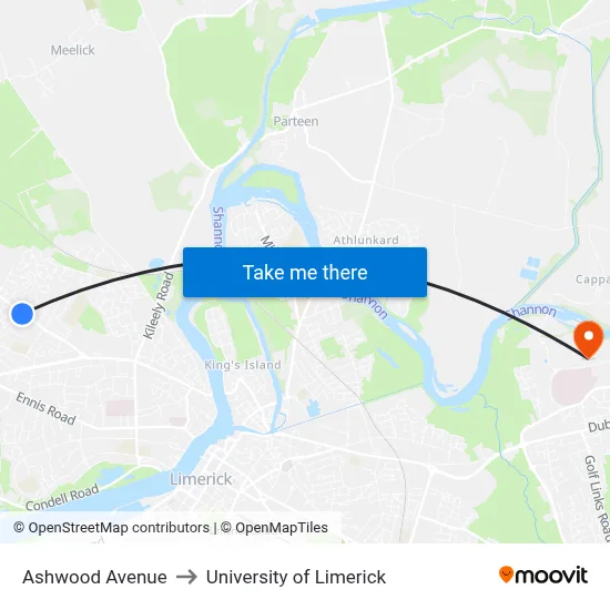 Ashwood Avenue to University of Limerick map