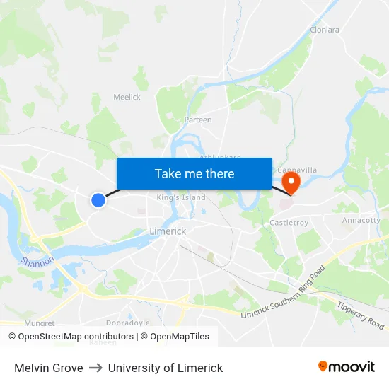 Melvin Grove to University of Limerick map