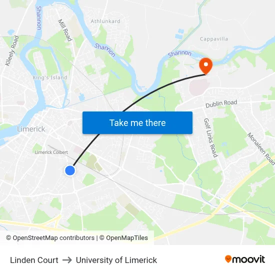 Linden Court to University of Limerick map