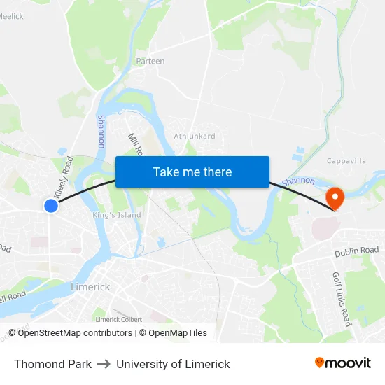 Thomond Park to University of Limerick map