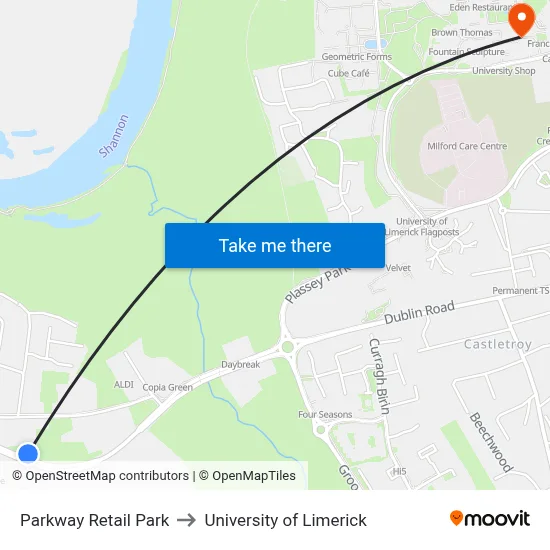 Parkway Retail Park to University of Limerick map