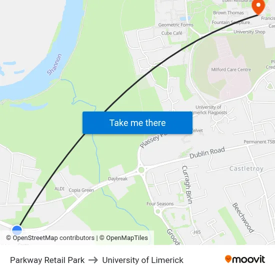 Parkway Retail Park to University of Limerick map