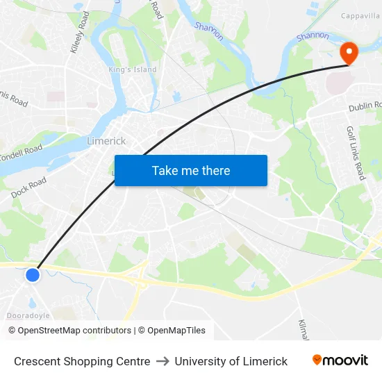 Crescent Shopping Centre to University of Limerick map