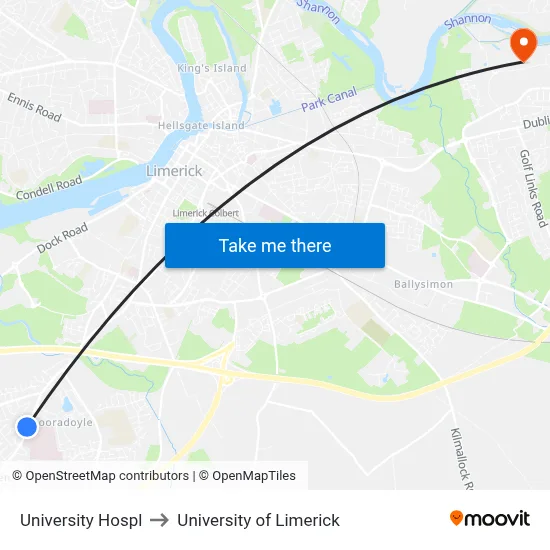 University Hospl to University of Limerick map