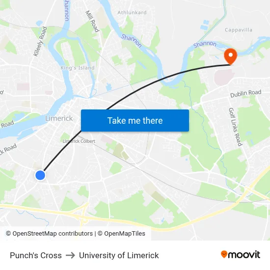 Punch's Cross to University of Limerick map
