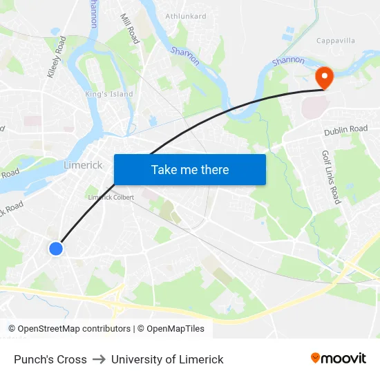 Punch's Cross to University of Limerick map