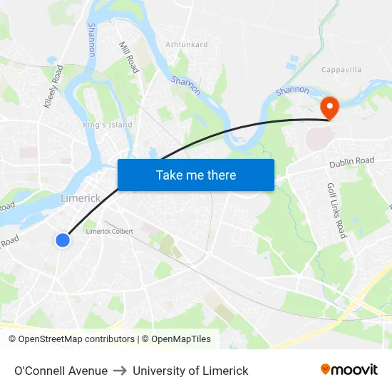 O'Connell Avenue to University of Limerick map