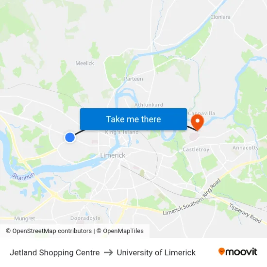 Jetland Shopping Centre to University of Limerick map