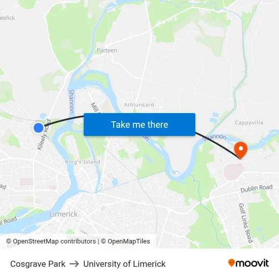 Cosgrave Park to University of Limerick map