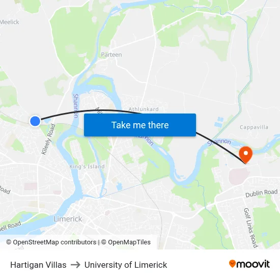 Hartigan Villas to University of Limerick map