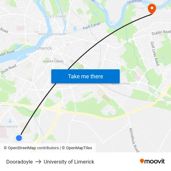 Dooradoyle to University of Limerick map