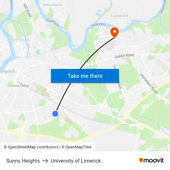 Sunny Heights to University of Limerick map