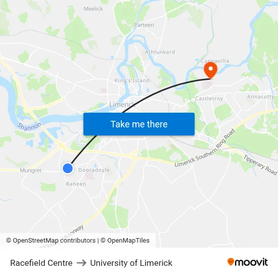 Racefield Centre to University of Limerick map