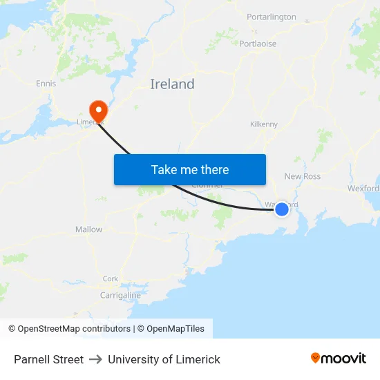 Parnell Street to University of Limerick map