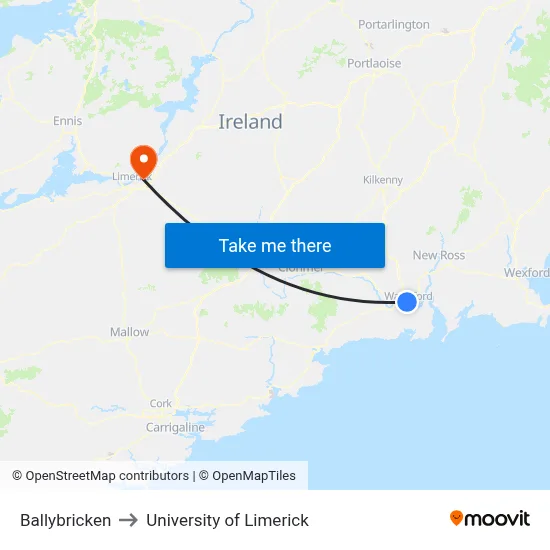 Ballybricken to University of Limerick map