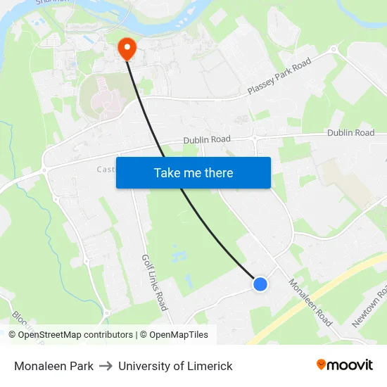 Monaleen Park to University of Limerick map