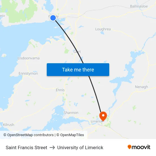 Saint Francis Street to University of Limerick map