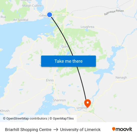 Briarhill Shopping Centre to University of Limerick map