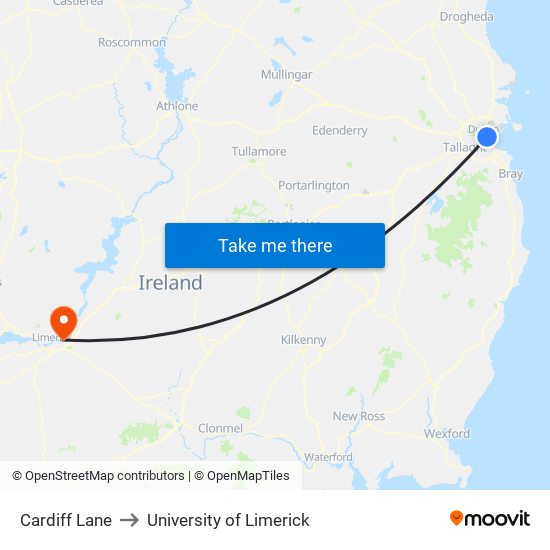 Cardiff Lane to University of Limerick map