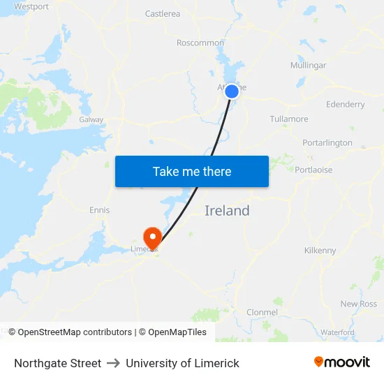 Northgate Street to University of Limerick map