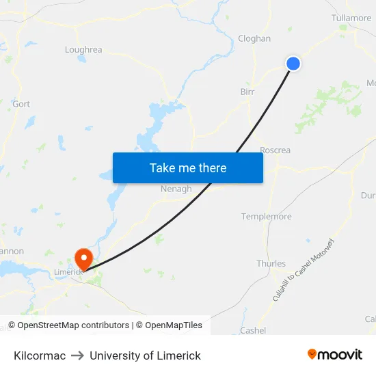 Kilcormac to University of Limerick map